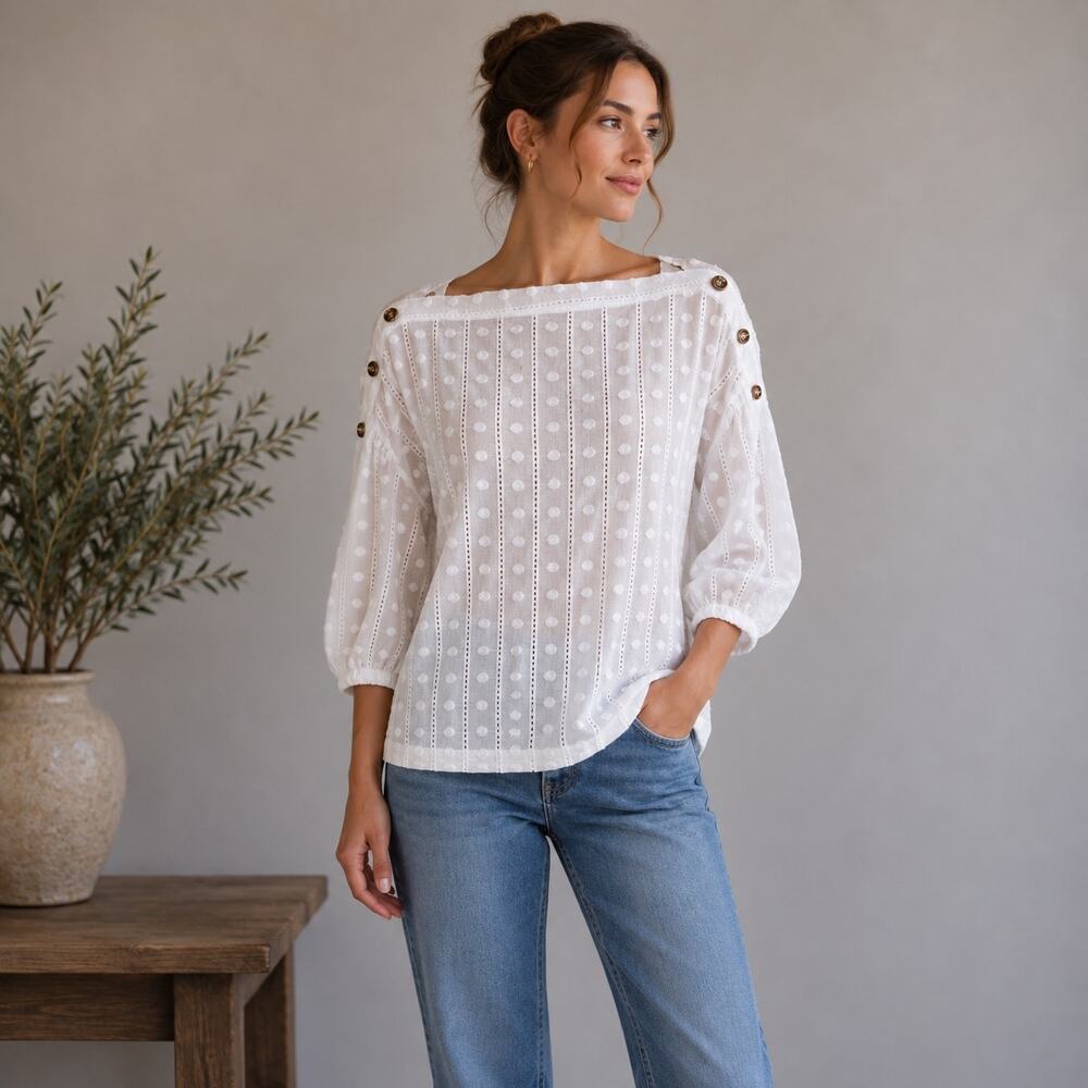 Buru White Button Embroidered Detail 3/4 Sleeve Top Small